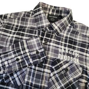 Harley Davidson Staple Twill Shirt Men's M Embroidered Gray Plaid Button Down